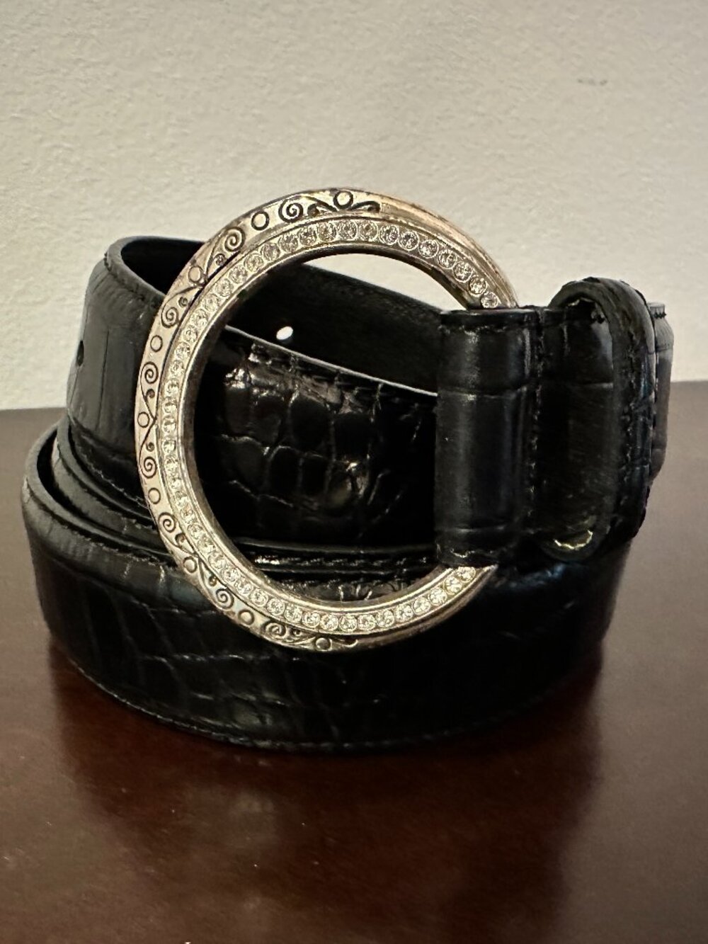 Brighton Leather Belt Black Croc Embossed Crystals Sz XL / 36
